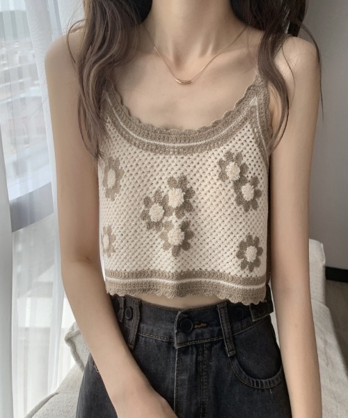 MANGROVE（マングローブ）の「フラワー編みキャミビスチェ（キャミソール・レディース・モカ/ホワイト×ブルー・FREE）」の6枚目の写真