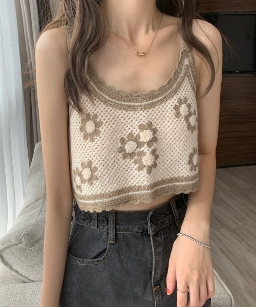 MANGROVE（マングローブ）の「フラワー編みキャミビスチェ（キャミソール・レディース・モカ/ホワイト×ブルー・FREE）」の14枚目の写真