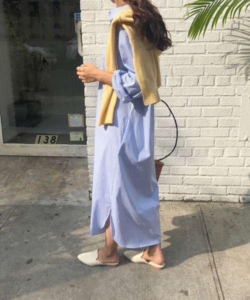 Chaco closet（チャコ クローゼット）の「サイドスリットストライプ長袖シャツワンピース/シャウター（シャツワンピース・レディース・ブルー/ピンク/ブラック/グリーン・FREE）」の12枚目の写真