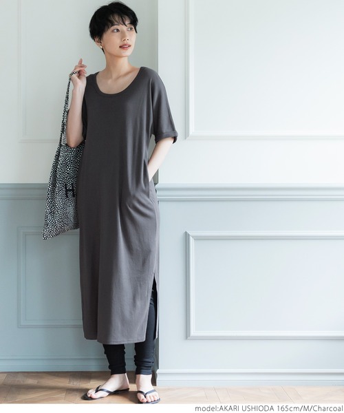 coca（coca）（コカ）の「ガーゼ天竺ゆるワンピース（ワンピース・レディース・チャコールグレー/カーキ・M/L）」の4枚目の写真