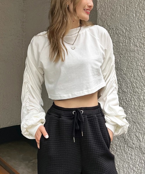 SPIRALGIRL（スパイラルガール）の「3way袖ギャザートップス（Tシャツ/カットソー・レディース・ホワイト/ブラック/イエロー・FREE）」の2枚目の写真