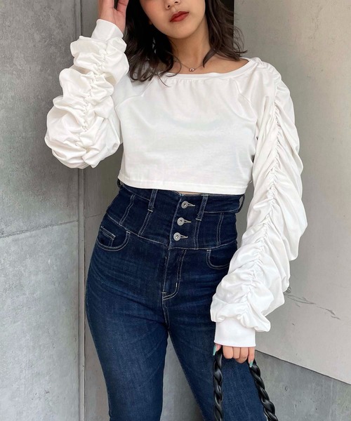 SPIRALGIRL（スパイラルガール）の「3way袖ギャザートップス（Tシャツ/カットソー・レディース・ホワイト/ブラック/イエロー・FREE）」の5枚目の写真