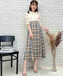 新品 スウィングル 異素材 ボウタイ レース ドッキングワンピース ベージュ M 新品 スウィングル 異素材 ボウタイ レース ドッキング