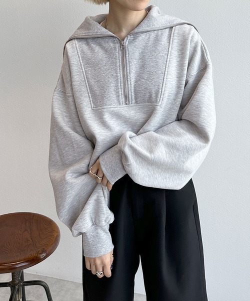 w closet(ダブルクローゼット)の「ハーフジップセーラーカラープルオーバー(スウェット・レディース・グレー/オフホワイト/スミクロ・FREE)」の19枚目の写真