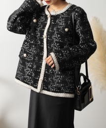【MAISON BREEZE】ノーカラーツイード風ニットジャケット SCCH289