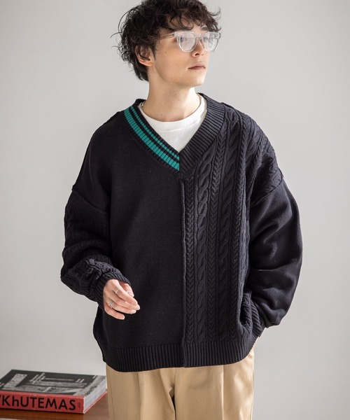 RAGEBLUE(レイジブルー)の「チルデン切り替えVネックニットクルー(ニット/セーター・メンズ・ホワイト系その他/ブラック系その他・MEDIUM/LARGE)」の18枚目の写真