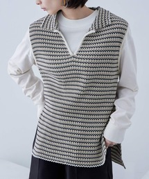 シェブロン柄 キーネック リブニットベスト