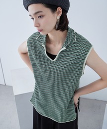 シェブロン柄 キーネック リブニットベスト