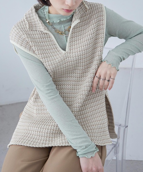 Fashion Letter(ファッションレター)の「シェブロン柄 キーネック リブニットベスト(ベスト・レディース・ブラック/ベージュ/グリーン/アイボリー・M)」の1枚目の写真