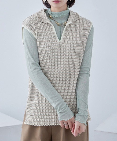 Fashion Letter(ファッションレター)の「シェブロン柄 キーネック リブニットベスト(ベスト・レディース・ブラック/ベージュ/グリーン/アイボリー・M)」の10枚目の写真