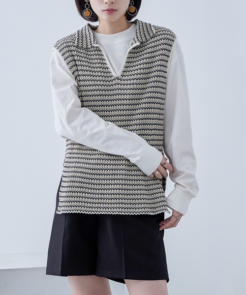 Fashion Letter(ファッションレター)の「シェブロン柄 キーネック リブニットベスト(ベスト・レディース・ブラック/ベージュ/グリーン/アイボリー・M)」の6枚目の写真