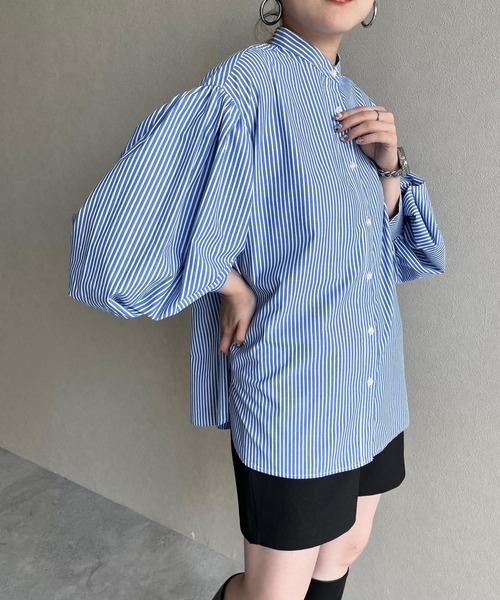 LOWRYS FARM（ローリーズファーム）の「ソデボリュームストライプシャツLS  968592（シャツ/ブラウス・レディース・ブラック/ネイビー/ピンク・FREE）」の5枚目の写真