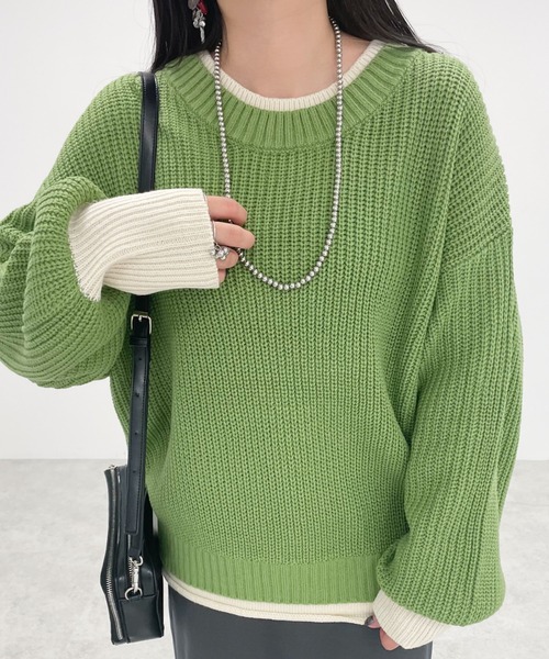 Petit fleur（プチフルール）の「・Petit　Fleur　レイヤード風ハイショクニット（ニット/セーター・レディース・イエロー/ブルー/ブラック/グリーン・FREE）」の2枚目の写真