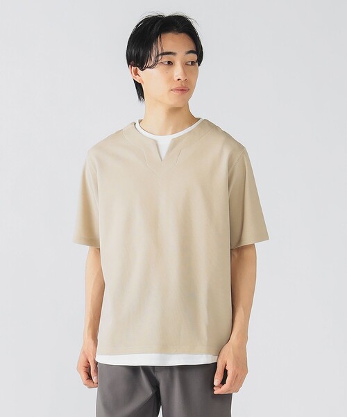 BEAMS HEART(ビームスハート)の「スリットネック フェイクレイヤー Tシャツ(接触冷感)(Tシャツ/カットソー・メンズ・グリーン系その他/ブルー系その他/ベージュ・S/M/L/XL)」の2枚目の写真