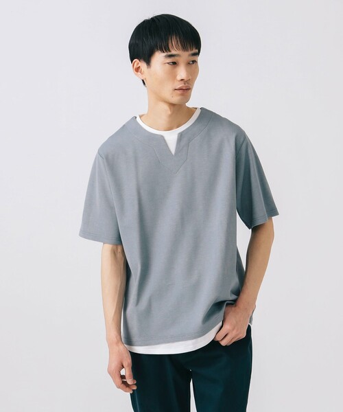 BEAMS HEART(ビームスハート)の「スリットネック フェイクレイヤー Tシャツ(接触冷感)(Tシャツ/カットソー・メンズ・グリーン系その他/ブルー系その他/ベージュ・S/M/L/XL)」の3枚目の写真