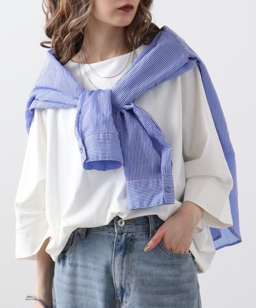 atONE（アットワン）の「atONE ボートネック7分袖ドルマンTシャツ（Tシャツ/カットソー・レディース・オフホワイト/ブラック/グレイッシュベージュ/チャコールグレー・LL～3L/4L～5L/M-L）」の2枚目の写真