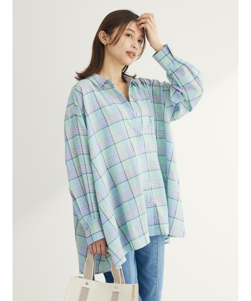 Green Parks(グリーンパークス)の「チェック柄シャツチュニック(チュニック・レディース・グリーン/ブルー/ホワイト系その他2・FREE)」の4枚目の写真