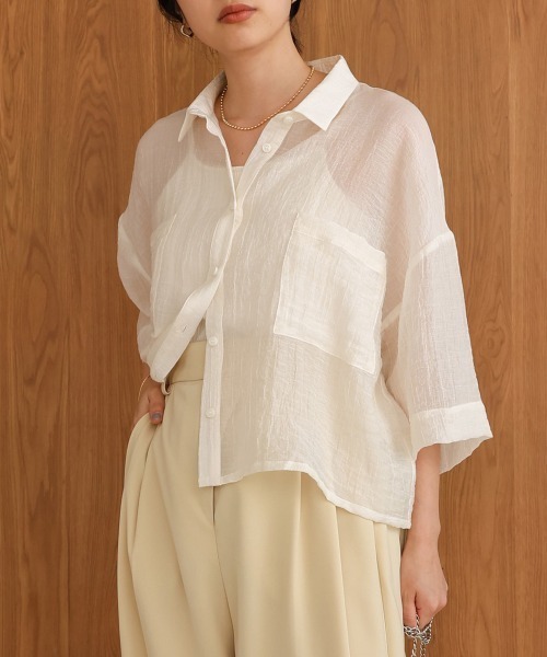 Bab（バブ）の「シアーショートシャツブラウス（シャツ/ブラウス・レディース・ベージュ/ブルー/アイボリー/ピンク・M）」の14枚目の写真