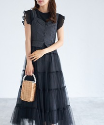 【ZOZO限定】デニムチュールプリーツ切替ラッフルワンピース