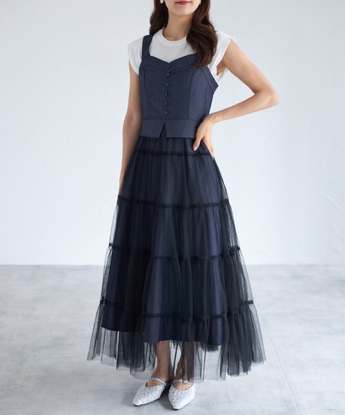 ZOZO限定】デニムチュールプリーツ切替ラッフルワンピース