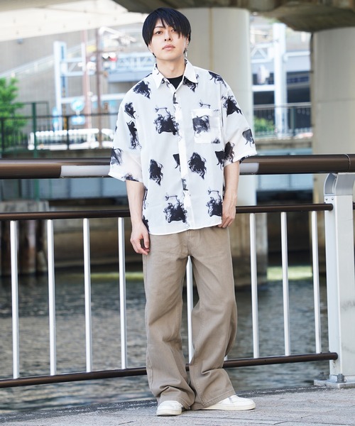 メンズ 半袖シャツ ゆったり オーバーサイズ ストリート T03106 シャツ 「unisex」オーガンジー 総柄シャツ / オーバーサイズ