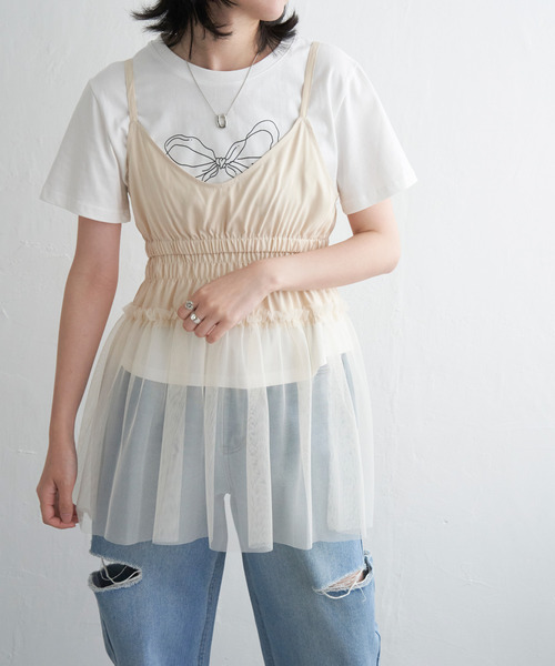 VENCEEXCHANGE（ヴァンスエクスチェンジ）の「チュール切替キャミソール（キャミソール・レディース・オフホワイト/ライトグレー/ブラック・FREE）」の2枚目の写真