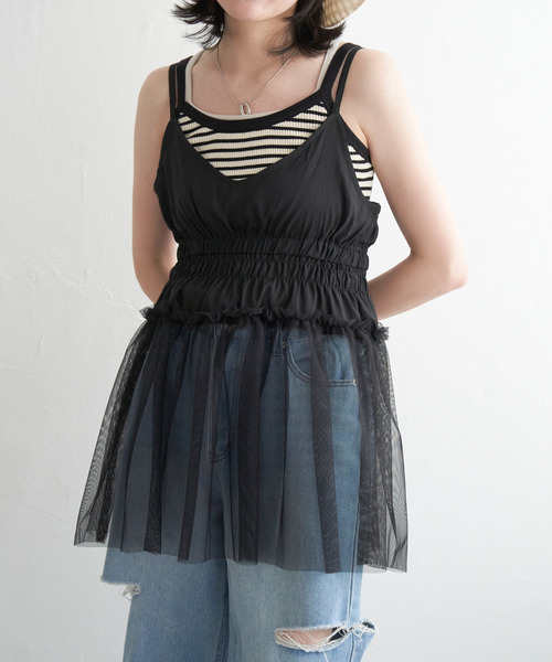 VENCEEXCHANGE（ヴァンスエクスチェンジ）の「チュール切替キャミソール（キャミソール・レディース・オフホワイト/ライトグレー/ブラック・FREE）」の3枚目の写真