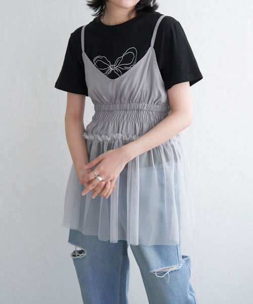 VENCEEXCHANGE（ヴァンスエクスチェンジ）の「チュール切替キャミソール（キャミソール・レディース・オフホワイト/ライトグレー/ブラック・FREE）」の4枚目の写真