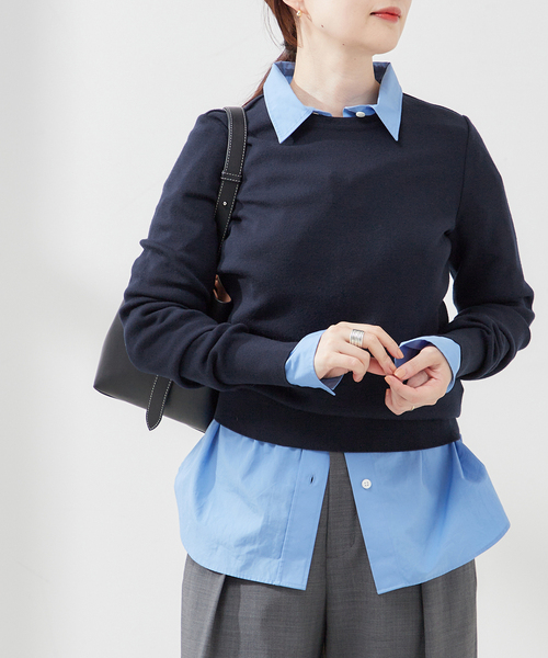 journal standard L'essage（ジャーナルスタンダードレサージュ）の「【LOWER/ローヴァー】18G Smooth Crew Neck Sweater：ニット（ニット/セーター・レディース・ライトグレー/ネイビー・MEDIUM）」の11枚目の写真