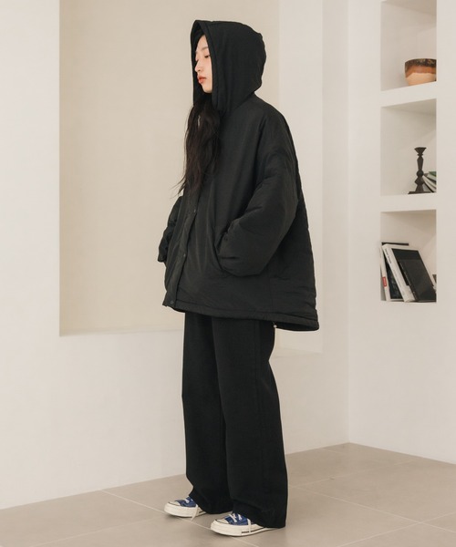 HEILIS（ヘイリス）の「ミドル丈フーディールーズ中綿ジャケット / ブルゾン コート アウター フード オーバーサイズ ビッグサイズ モンスター（ダウンジャケット/コート・レディース・ブラック/アイボリー/カーキ・FREE）」の8枚目の写真