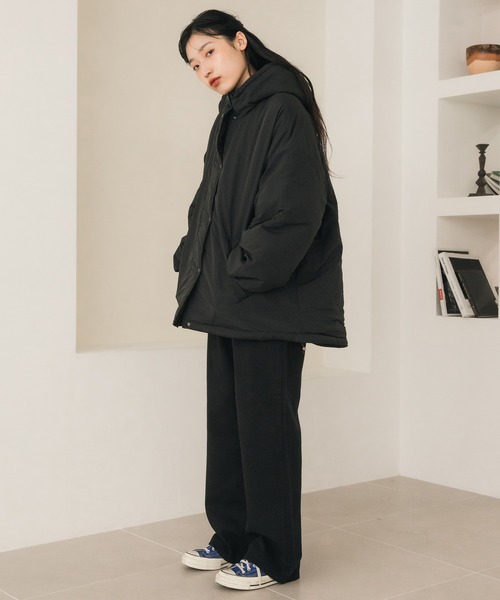HEILIS（ヘイリス）の「ミドル丈フーディールーズ中綿ジャケット / ブルゾン コート アウター フード オーバーサイズ ビッグサイズ モンスター（ダウンジャケット/コート・レディース・ブラック/アイボリー/カーキ・FREE）」の9枚目の写真