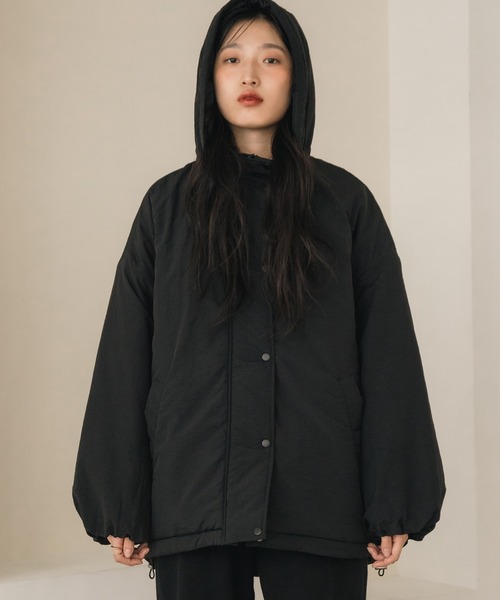 HEILIS（ヘイリス）の「ミドル丈フーディールーズ中綿ジャケット / ブルゾン コート アウター フード オーバーサイズ ビッグサイズ モンスター（ダウンジャケット/コート・レディース・ブラック/アイボリー/カーキ・FREE）」の6枚目の写真