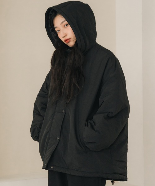 HEILIS（ヘイリス）の「ミドル丈フーディールーズ中綿ジャケット / ブルゾン コート アウター フード オーバーサイズ ビッグサイズ モンスター（ダウンジャケット/コート・レディース・ブラック/アイボリー/カーキ・FREE）」の5枚目の写真