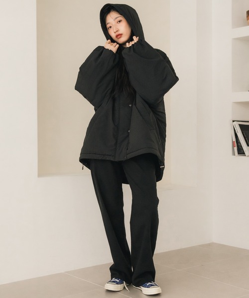 HEILIS（ヘイリス）の「ミドル丈フーディールーズ中綿ジャケット / ブルゾン コート アウター フード オーバーサイズ ビッグサイズ モンスター（ダウンジャケット/コート・レディース・ブラック/アイボリー/カーキ・FREE）」の7枚目の写真