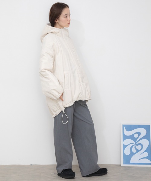 HEILIS（ヘイリス）の「ミドル丈フーディールーズ中綿ジャケット / ブルゾン コート アウター フード オーバーサイズ ビッグサイズ モンスター（ダウンジャケット/コート・レディース・ブラック/アイボリー/カーキ・FREE）」の22枚目の写真