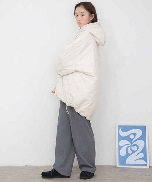 HEILIS（ヘイリス）の「ミドル丈フーディールーズ中綿ジャケット / ブルゾン コート アウター フード オーバーサイズ ビッグサイズ モンスター（ダウンジャケット/コート・レディース・ブラック/アイボリー/カーキ・FREE）」の19枚目の写真