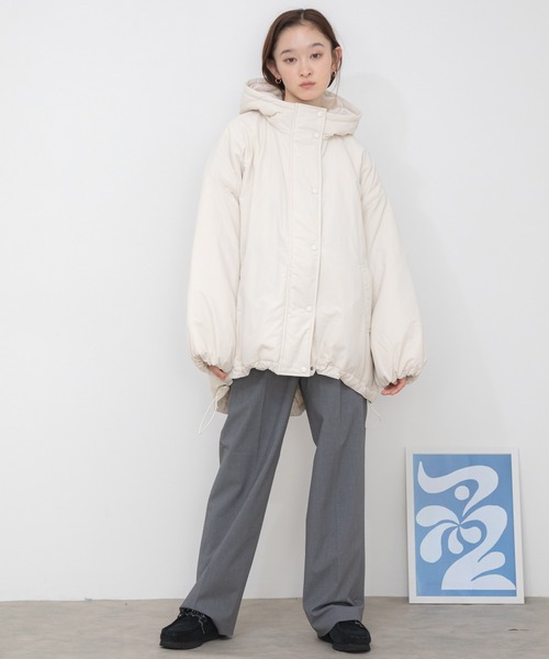 HEILIS（ヘイリス）の「ミドル丈フーディールーズ中綿ジャケット / ブルゾン コート アウター フード オーバーサイズ ビッグサイズ モンスター（ダウンジャケット/コート・レディース・ブラック/アイボリー/カーキ・FREE）」の18枚目の写真