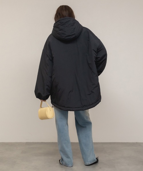 セール】ミドル丈フーディールーズ中綿ジャケット / ブラック