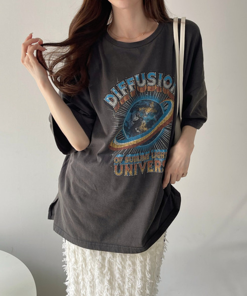Ada.(エイダ)の「パウダー加工 EARTH ロゴ ビッグ Tシャツ(Tシャツ/カットソー・レディース・オフホワイト/ブラック・FREE)」の10枚目の写真