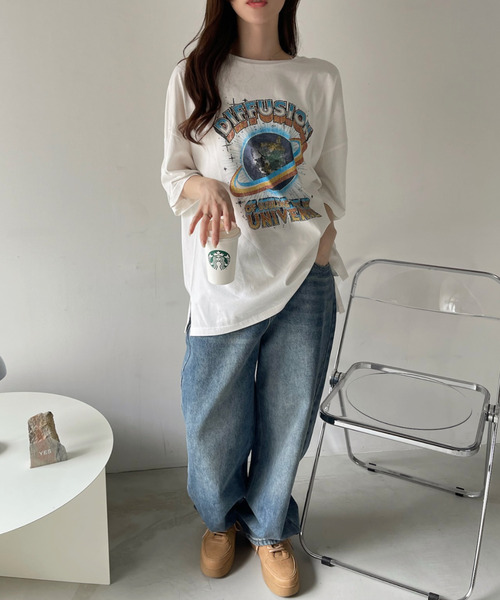 Ada.(エイダ)の「パウダー加工 EARTH ロゴ ビッグ Tシャツ(Tシャツ/カットソー・レディース・オフホワイト/ブラック・FREE)」の8枚目の写真