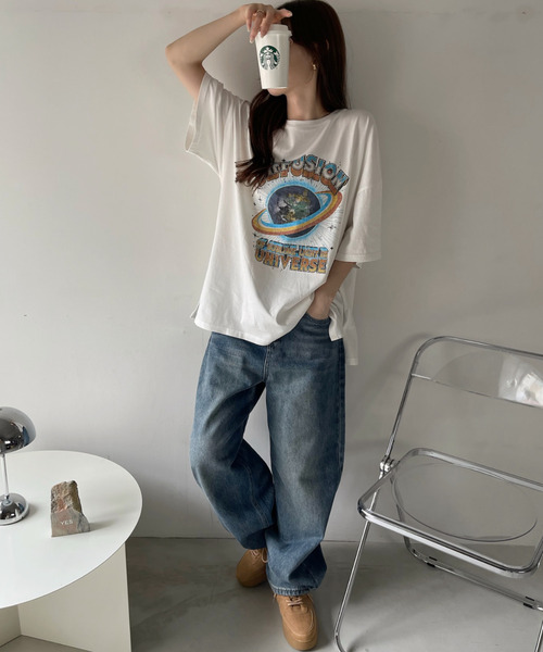 Ada.(エイダ)の「パウダー加工 EARTH ロゴ ビッグ Tシャツ(Tシャツ/カットソー・レディース・オフホワイト/ブラック・FREE)」の7枚目の写真