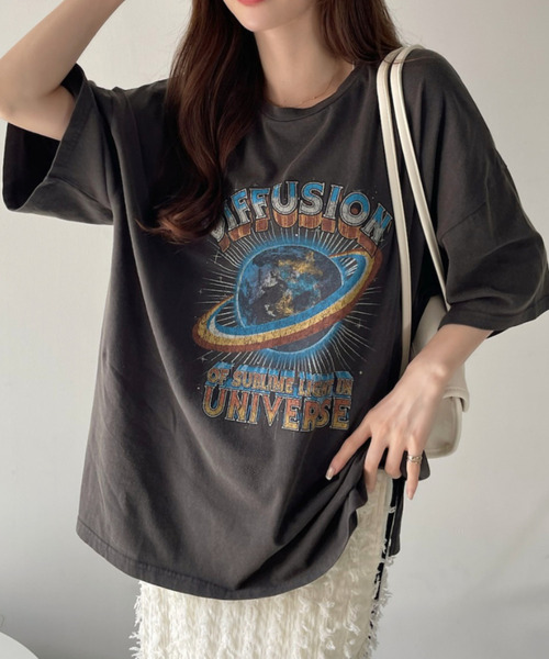 Ada.(エイダ)の「パウダー加工 EARTH ロゴ ビッグ Tシャツ(Tシャツ/カットソー・レディース・オフホワイト/ブラック・FREE)」の9枚目の写真