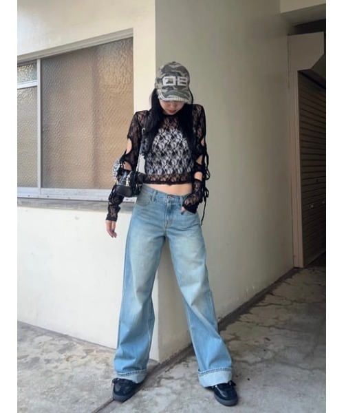 LAGUA GEM（ラグアジェム）の「FLOR LACE SLEEVE HOLE トップス（Tシャツ/カットソー・レディース・ホワイト/チャコールグレー/ブラック・FREE）」の7枚目の写真