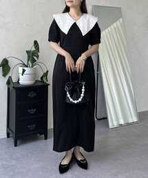 【襟取り外し可能】2wayパール白襟パフスリーブワンピース