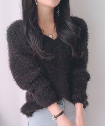 Vネックカラーシャギーニット