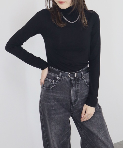 【ZOZO限定】ストレッチタートルトップ 長袖 ハイネック タイト シアー 透け感 シンプル きれいめ 大人カジュアル ノームコア ワンホン グレー ホワイト 白（Tシャツ/カットソー）｜Reurie'（レウリィ）