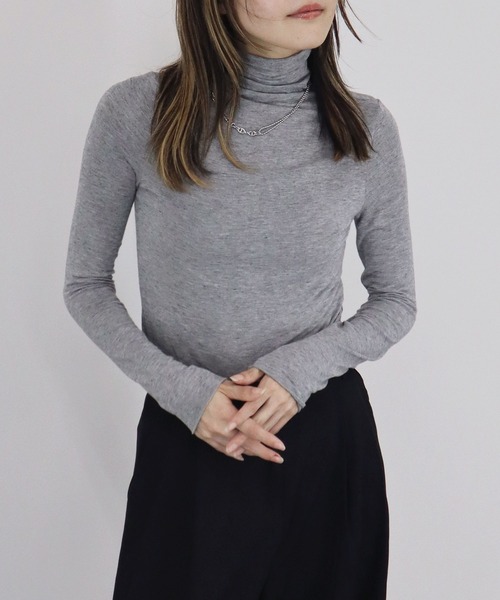【ZOZO限定】ストレッチタートルトップ 長袖 ハイネック タイト シアー 透け感 シンプル きれいめ 大人カジュアル ノームコア ワンホン グレー ホワイト 白（Tシャツ/カットソー）｜Reurie'（レウリィ）