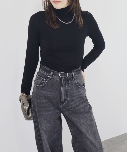 【ZOZO限定】ストレッチタートルトップ 長袖 ハイネック タイト シアー 透け感 シンプル きれいめ 大人カジュアル ノームコア ワンホン グレー ホワイト 白（Tシャツ/カットソー）｜Reurie'（レウリィ）