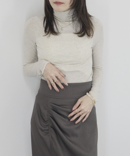 【ZOZO限定】ストレッチタートルトップ 長袖 ハイネック タイト シアー 透け感 シンプル きれいめ 大人カジュアル ノームコア ワンホン グレー ホワイト 白（Tシャツ/カットソー）｜Reurie'（レウリィ）