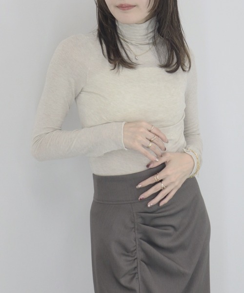 【ZOZO限定】ストレッチタートルトップ 長袖 ハイネック タイト シアー 透け感 シンプル きれいめ 大人カジュアル ノームコア ワンホン グレー ホワイト 白（Tシャツ/カットソー）｜Reurie'（レウリィ）